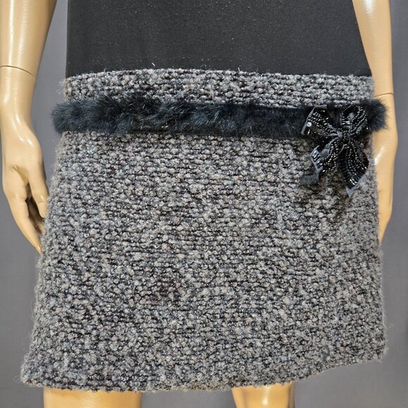 Vintage Joseph Ribkoff Drop Waist Short Dress Size 6 Black Gray Knit Beaded Bow - Picture 2 of 11